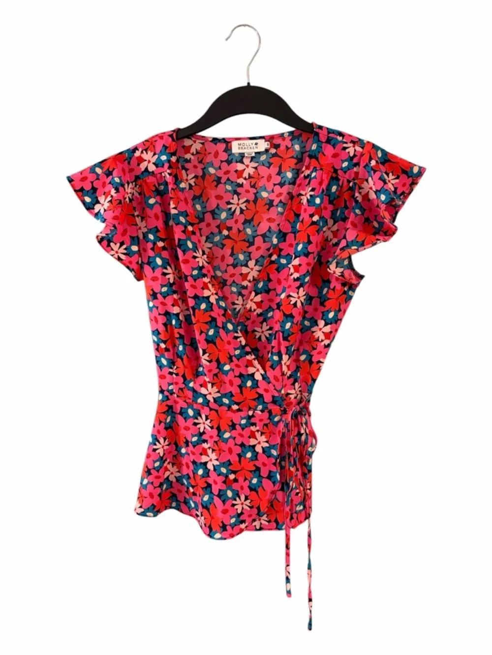 Floral Wrap V-Neck Blouse in Pink and Blue - Picture 2 of 3